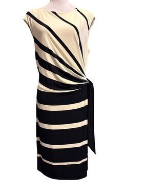 Lauren Ralph Lauren Black & White Stripe Nieves Cap Sleeve Side Tie Dress Sz 16